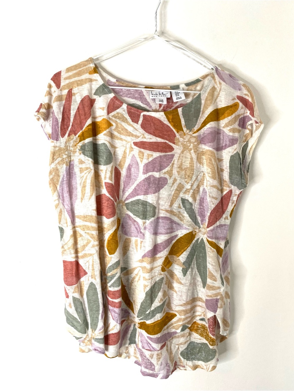 Nicole Miller 100% Linen Floral Print Relaxed Dolman Top Multicolor
